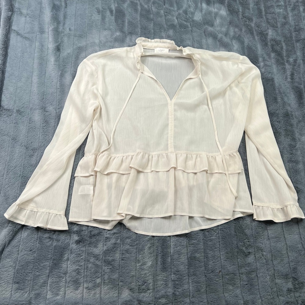 LOFT Outlet Cream Ivory Ruffle V-Neck Tie Chiffon Blouse Long Sleeve Women Large